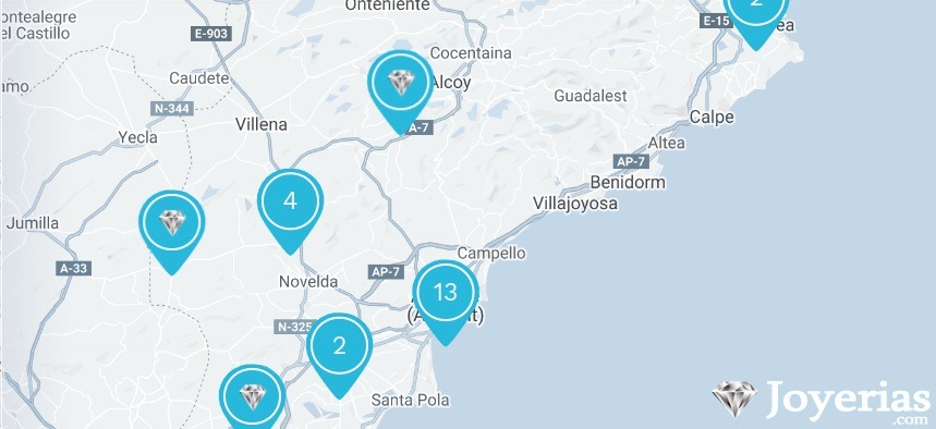 Mapa de las mejores joyerías en Alicante