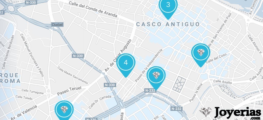 Mapa de las mejores joyerías en Zaragoza